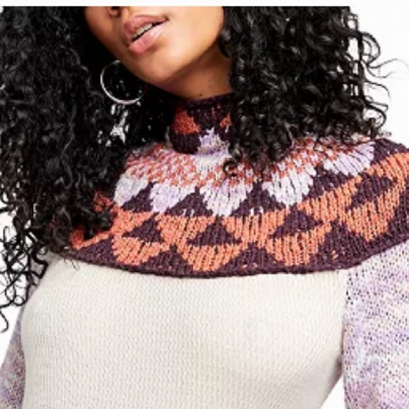 FREE PEOPLE CROCHET TURTLENECK SWEATER IN FEMME COMBO LONG PUFF SLEEVES - Picture 3 of 15